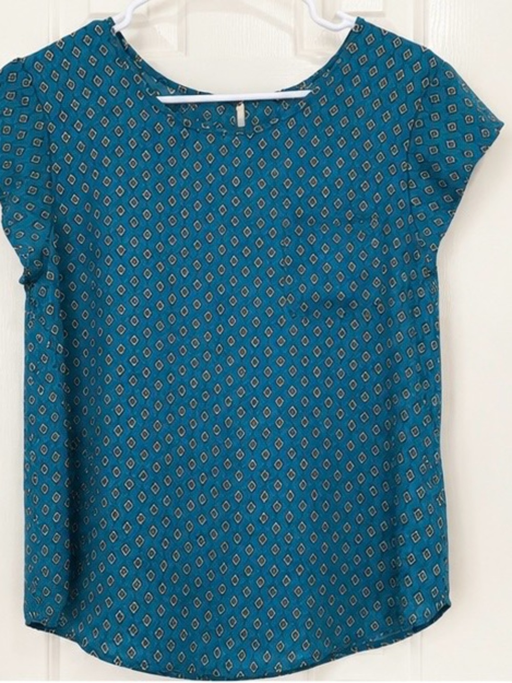 Lily White L Blue Shell Top Geometric Print Career Casual Blouse large